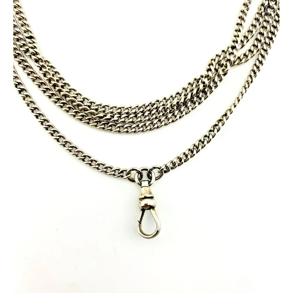 Vintage Sterling Silver 63 Inch Long Guard Watch Chain Dog Clip 40.4g